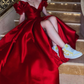 Red Satin A-Line Long Prom Dress with Puff Sleeves Y4863