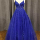 Royal Blue Floral Appliques V-Neck A-Line Prom Dress Y4234