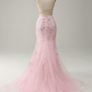 Mermaid Spaghetti Straps Light Pink Long Prom Dress with Appliques Y7020