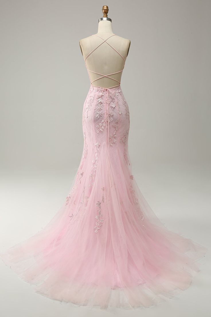 Mermaid Spaghetti Straps Light Pink Long Prom Dress with Appliques Y7020