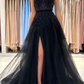 Elegant Long Black A-line Sequined Lace Prom Dress With Slit Y6002