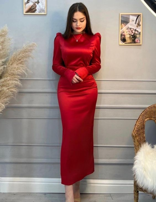 Modest Red Long Sleeves Evening Dress,Simple Red Prom Dress Y6564