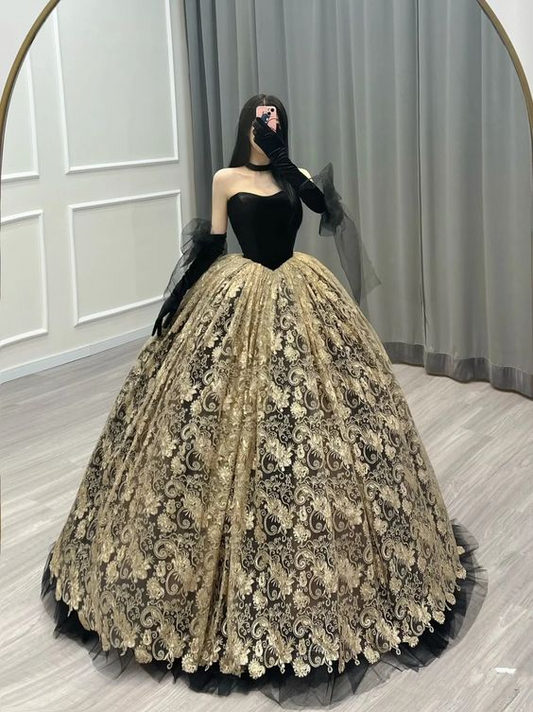 Vintage / Retro Gold Black Printing Ball Gown Corset Backless Floor-Length / Long Prom Formal Y7157