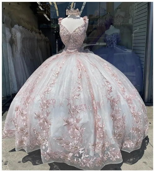 Princess Quinceanera Dress Ball Gown Flowers Appliques Pink White Sweet 16 Party Dress Y6301