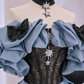 Blue Satin Lace Long Prom Dress, Off Shoulder Evening Dress Y5621