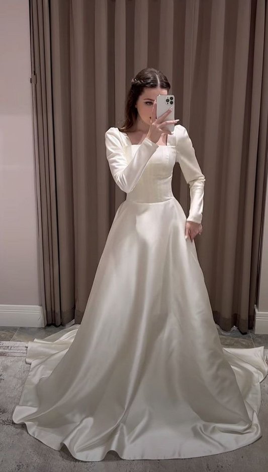 Modest A-line Square Neckline White Satin Wedding Dress Y6736