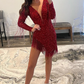 Red Plunging Neck Long Sleeves Homecoming Dress with Fringe Y2864