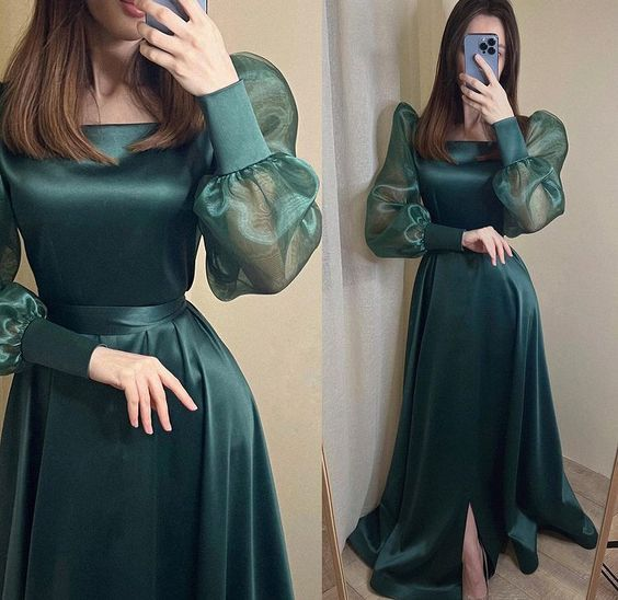 Modest Dark Green Satin Evening Dress Long Puff Sleeves Organza Square Neck Formal Prom Party Gowns Y4872
