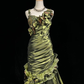Vintage Dark Green Irregular Neckline Satin Beaded Evening Dress,Ruched Mermaid Prom Dress Y8560