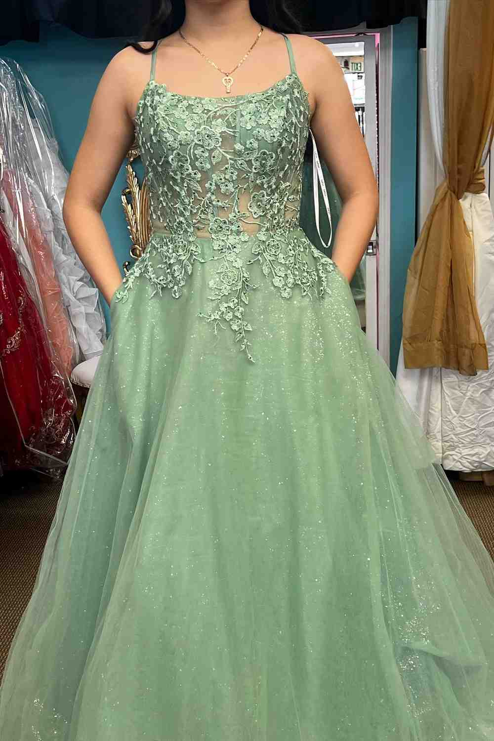 Dusty Sage A-line Lace-Up Back Applique Tulle Long Prom Dress  Y4005