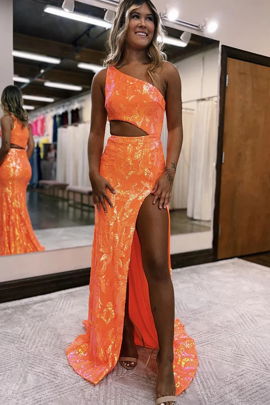 Sparkly Orange Sequin One Shoulder Long Prom Dress with Slit Y4277