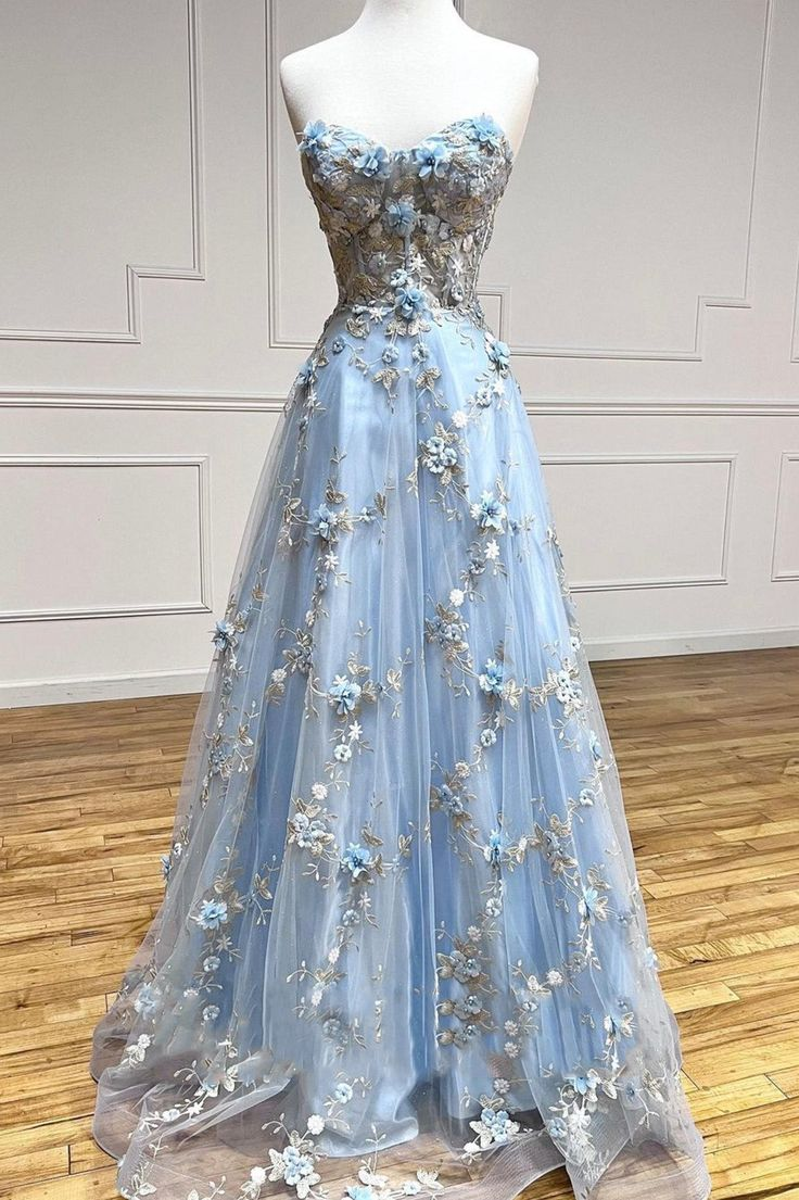 Blue Tulle Appliques Long Prom Dress, A-Line Strapless Evening Dress Y6565