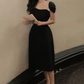 Black, pearl button-down, elegant half-sleeve prom dress, vintage dress Y1360