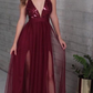 Simple Long Prom Dress with Slit, Burgundy V Neck Formal Dress Y7042