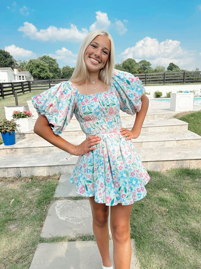 Puff Sleeve Floral Dress,Chic Floral Homecoming Dress Y2753