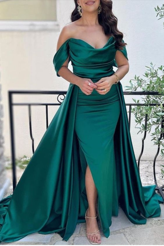 mermaid emerald satin off the shoulder prom dress for women Y6291