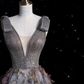 Charming V Neckline Gray Tulle Floral Ball Gown   Long Evening Gown Prom Dress Y7953