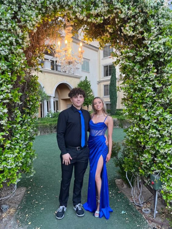 Royal Blue Spaghetti Straps Sheath Prom Dress With Split,Royal Blue Formal Gown Y6313