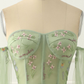 Green Tulle Off the Shoulder A-line Prom Dress with Floral Embroidery Y6790