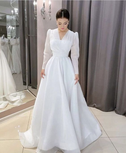 Modest White A-line Long Sleeves Wedding Dress,White Bridal Dress  Y6719