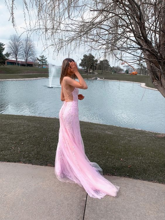 Pink Mermaid Long Prom Dress with Appliques  Y7435