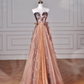 Vintage Rose Gold Strapless Tulle Sequins Beaded A Line Prom Dress Evening Dress Y8622