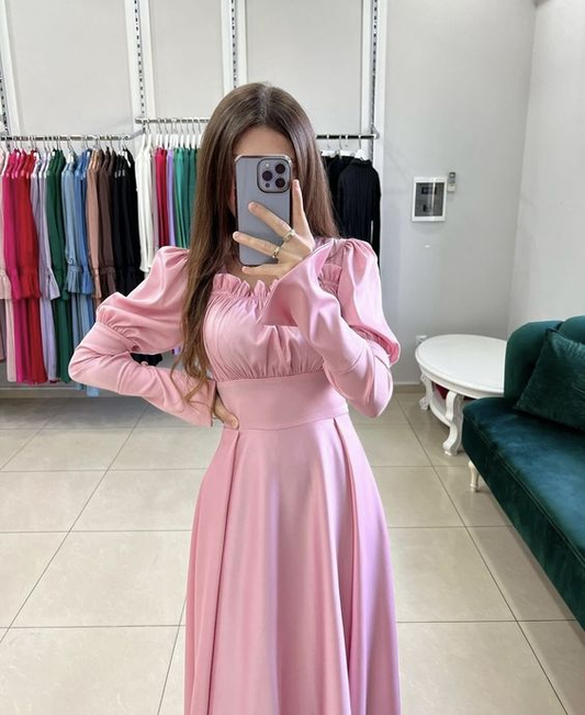 Pink A-line Long Sleeves Prom Dress,Pink Floor Length Dress Y6880