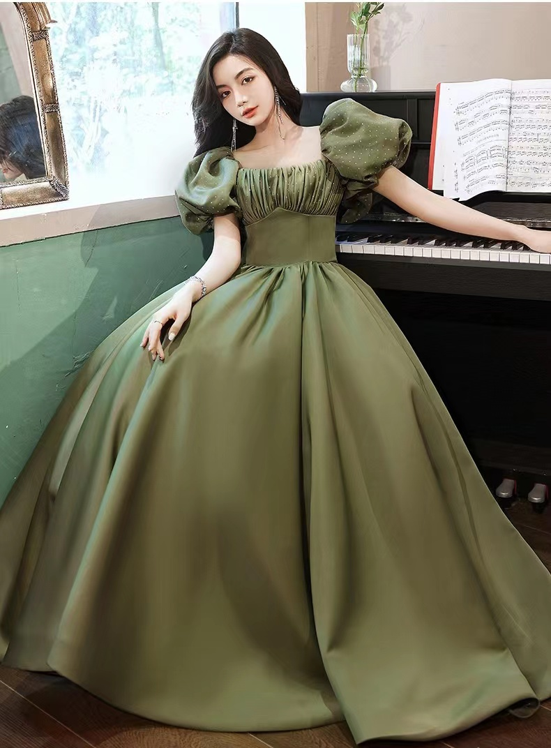 Green Evening Dress,Temperament,Long Bubble Sleeve Princess Dress Y4315