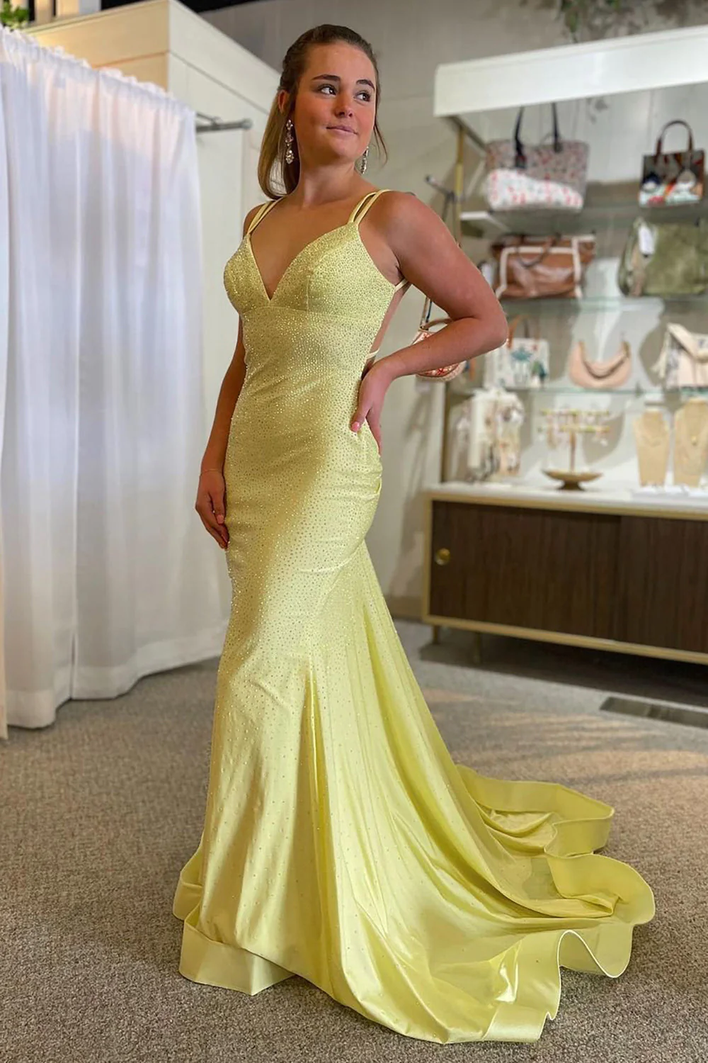 Sparkly Mermaid Spaghetti Straps Yellow Long Prom Dress Y7234