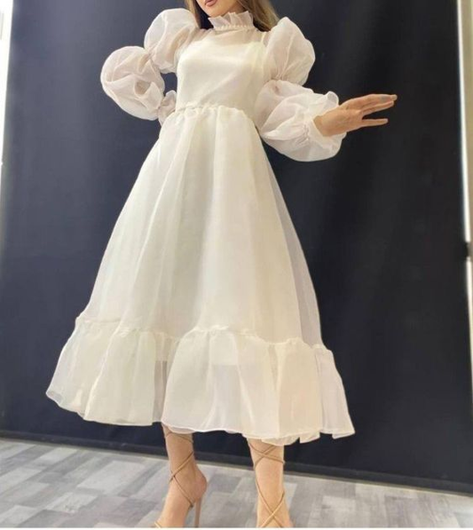 Modest White A-line Long Sleeves Prom Dress,Birthday Party Dress  Y6251