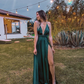 Sexy A Line Deep V Neck Floor Length Evening Dress,Green Bridesmaid Dress Y4590