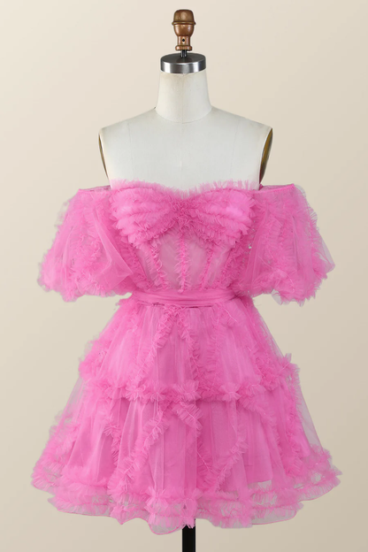 Off the Shoulder Hot Pink Ruffles Short A-line Homecoming Dress Y2783