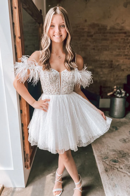 Feather Off the Shoulder White Beaded Homecoming Dress Y2826