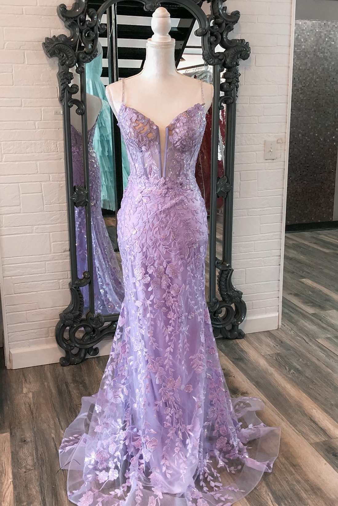 Lavender Floral Appliques Split Neck Mermaid Long Prom Dress,Y2465