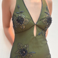 Vintage Halter Satin Beaded Mermaid Evening Dress,Sexy Backless Green Prom Dress Y8228