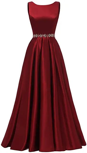 Women Long Prom Dress Satin A-Line with Beaded Belt Formal Evening Gown Y5483