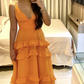 Elegant A-line Orange V Neck Long Prom Dress  Y2692