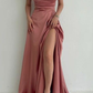 Elegant Dusty Rose Off-the-shoulder A-line Prom Dress With Slit Y4829