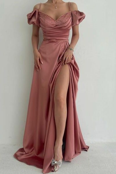 Elegant Dusty Rose Off-the-shoulder A-line Prom Dress With Slit Y4829