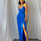 Elegant Royal Blue Spaghetti Straps Prom Dress with Split Y4107