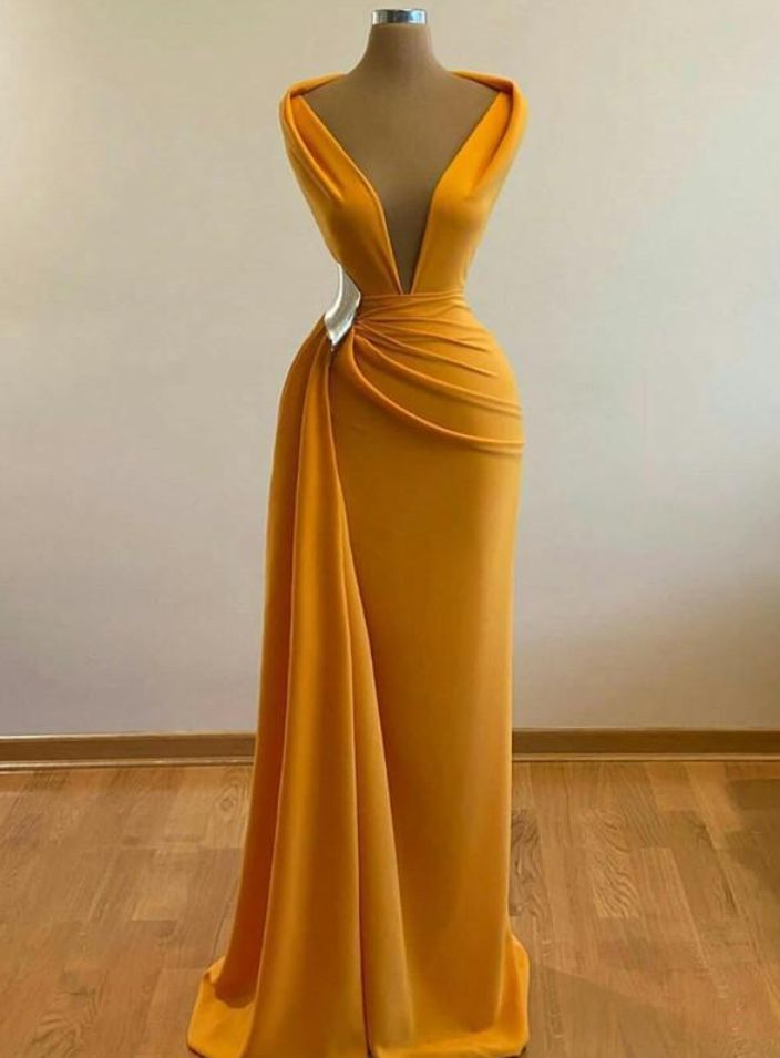 Yellow Mermaid Prom Dresses Deep V Neck Sexy Evening Dress  Cocktail Party Sweep Train Formal Occasion Wear Y4931