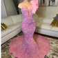 Pink Mermaid Prom Dress Glitter Sequins Beaded Feather One Shoulder Evening Reception Birthday Engagement Gowns Y6672
