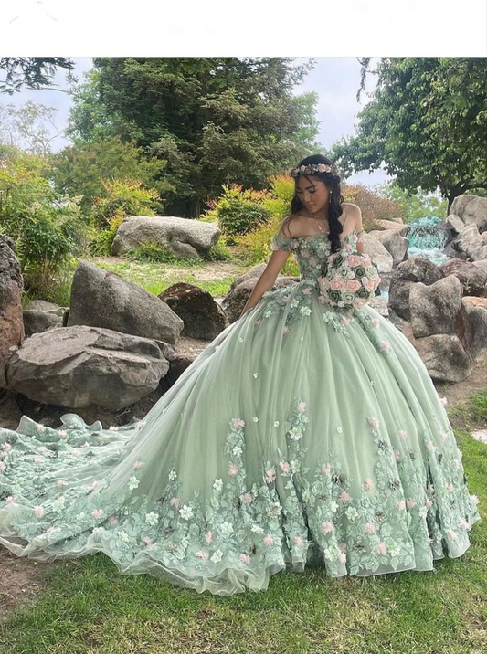 Luxury Green Princess Quinceanera Dresses Off Shoulder 3D Flowers Appliques Ball Gown Y4147