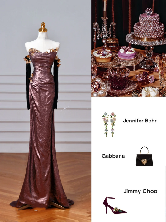 Vintage Off The Shoulder Satin Appliques Long Prom Dress,Mermaid Slit Evening Dress Y8613