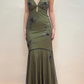 Vintage Halter Satin Beaded Mermaid Evening Dress,Sexy Backless Green Prom Dress Y8228