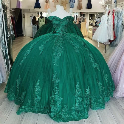 Off Shoulder Lace Tulle Quinceanera Dresses Dark Green Applique Ball Gown Y4080