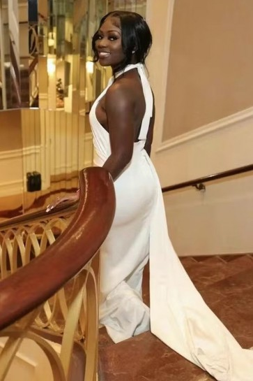Vintage Mermaid Halter Sleeveless Ivory Long Prom Dress Y6608