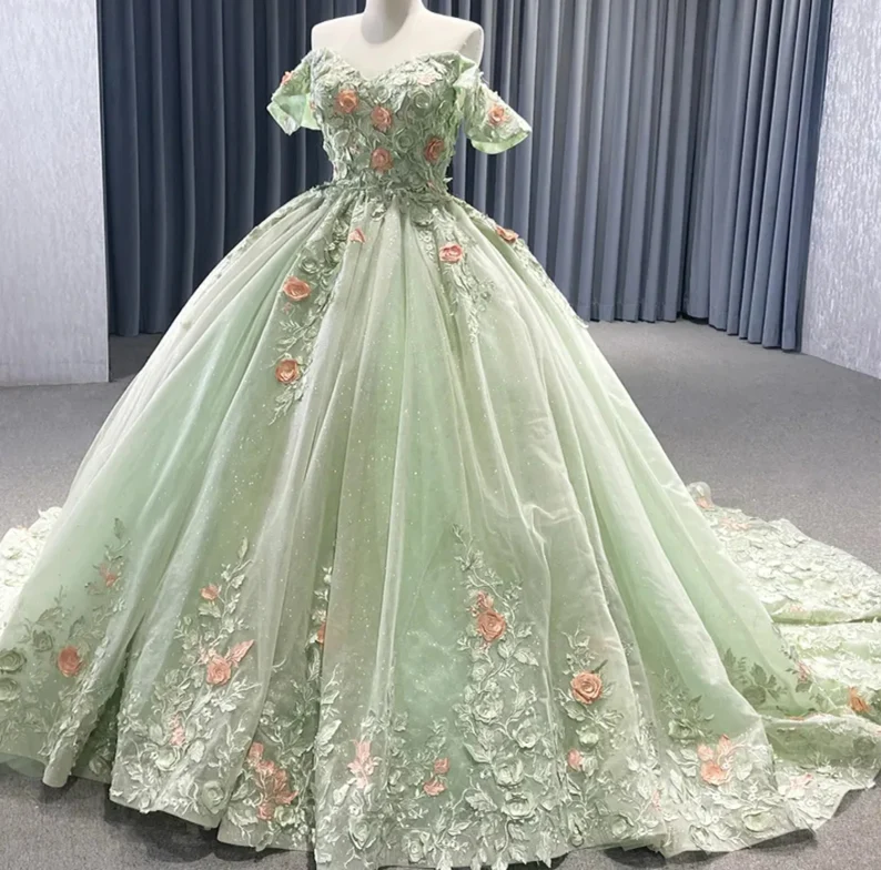 Matcha Green Off The Shoulder Floral Appliqués Shimmering Lace Up Back Quinceañera Pageant Special Occasion Gala Ball Gown Y2190