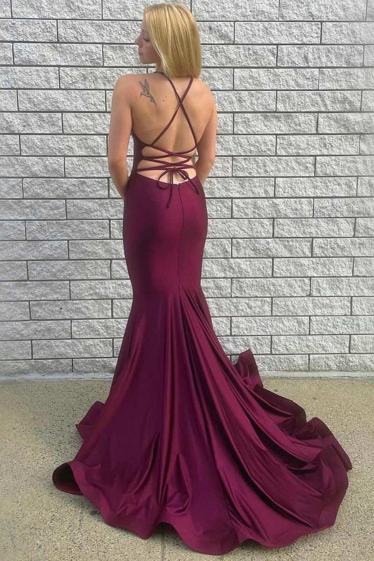 Burgundy V-Neck Lace-Up Back Trumpet Long Prom Gown Y4623