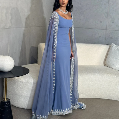 Sparkly Sequin Evening Dresses for Arabic Women Cape Floor Length Mermaid Prom Party Wedding Special Events Dresses  Y4817